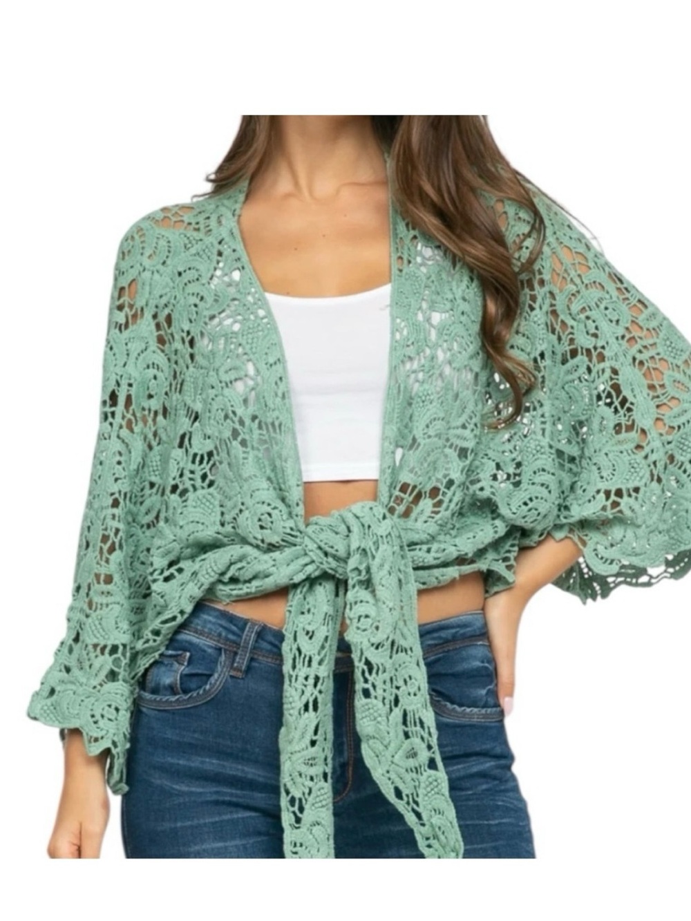 Raj Crochet Tie-Front Shrug in Mint